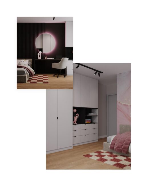 **Część druga domu: piętro pełne osobistych historii 👨‍👩‍👧‍👦✨** Kontynuujemy podróż po tym domu dla 4-osobowej rodziny pełnej wigoru! Z parteru w niebiesko-eleganckim stylu wchodzimy na piętro, gdzie prywatne przestrzenie zyskują swój własny charakter — dwie sypialnie i dwie łazienki, skrojone pod chłopca i dziewczynkę 💙🩷 Zaczynamy od łazienki dzieci— czarno-biała elegancja z marmurowym akcentem, czarną ścianą i dużą kabiną prysznicową. To przestrzeń luksusowa, kontrastowa, z wysokim sufitem i oknem na zielone otoczenie 🖤⚫️ Obok pokój chłopca: dynamiczny, nowoczesny, z czarnymi szafami, biurkiem i łóżkiem gotowym na wieczorne przygody. Dodatki jak książki i zielone poduszki dodają ciepła, a duże okna wpuszczają światło i inspiracje 🚀📚 Druga łazienka to praktyczna strefa z pralką, prysznicem i niebieskimi akcentami — idealna na codzienne rytuały, kompaktowa, ale super funkcjonalna 💧🧼 Pokój dziewczynki to marzenie: delikatne róże, okrągłe lustro neonowe, łóżko z miękkimi tekstyliami i szafami pełnymi osobowości. To miejsce pełne ciepła, gdzie wyobraźnia kwitnie 🌸🩷 **Czy dom musi być w jednym charakterze? Absolutnie nie!** Pokoje traktujemy indywidualnie — to pozwala na personalizację pod mieszkańców, kontrasty budują dynamikę i unikalność całego projektu. Parter może być „dorosły i elegancki”, a piętro „młodzieżowe i ekspresyjne” — klucz to spójna baza (np. podłogi, oświetlenie) i harmonijne przejścia.#wnetrzapiętro #sypialnie #lazienkiglowne #pokojdzieciecy #chlopiecy #dziewczece #projektindywidualny #nowoczesnewnetrza #hihomestudio #domkontrastow #architekturadziecieca#architektwnętrzwarszawa #architektwnętrzbiałystok